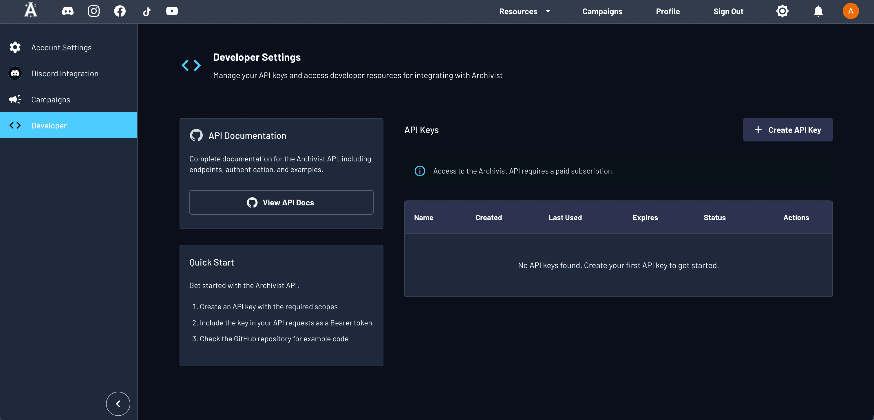 Developer Panel in Archivist showing API key generation